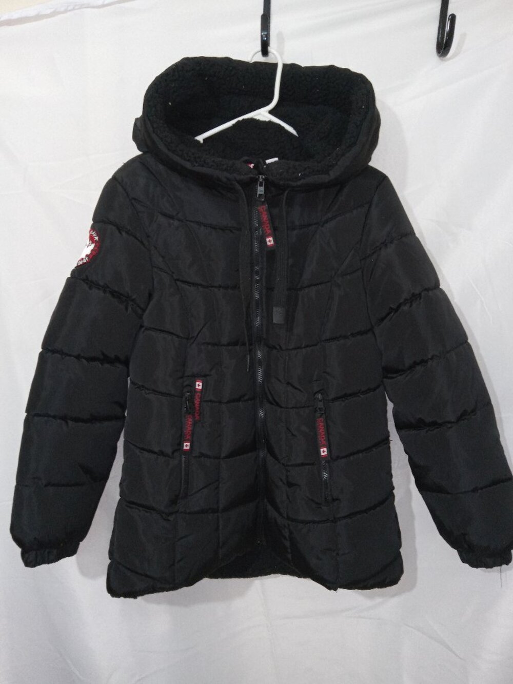 Canada Weather Gear Womens Quilted Puffer Parka Black Sherpa Lined Hooded Coat L